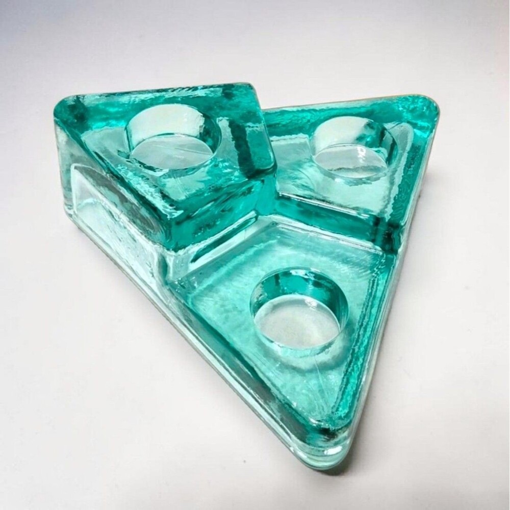 Vintage MCM Teal Poured Glass Triangle Three Votive Candle Holder Geometric